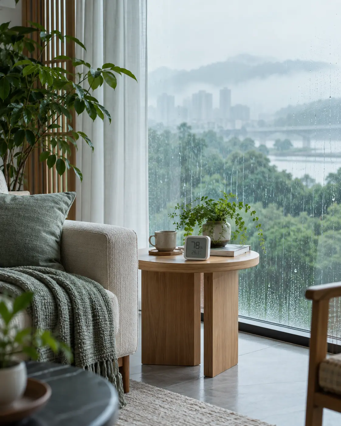 梅雨季窗边的湿度仪与清新居住空间